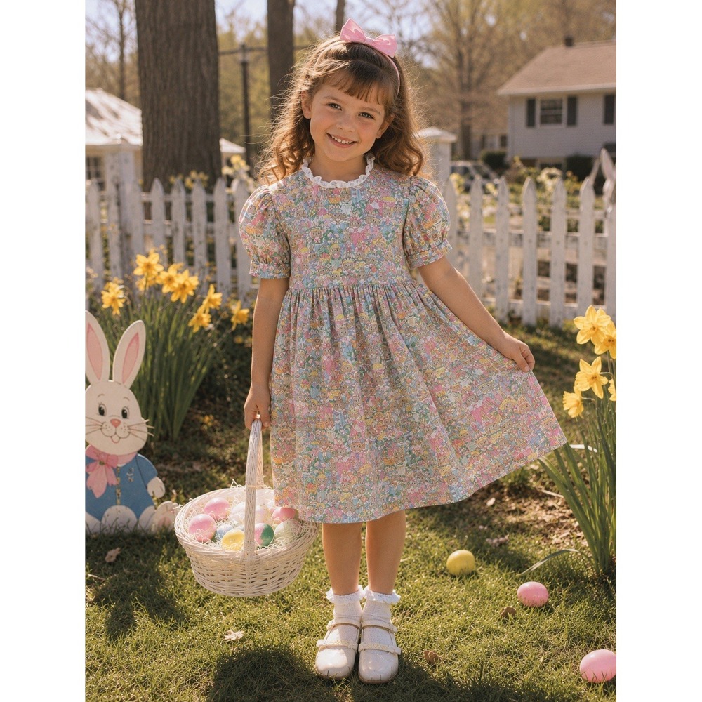 Vintage Handmade Girls Easter Bunny Print Dress Puff Sleeve Lace Collar Sz 5/6?